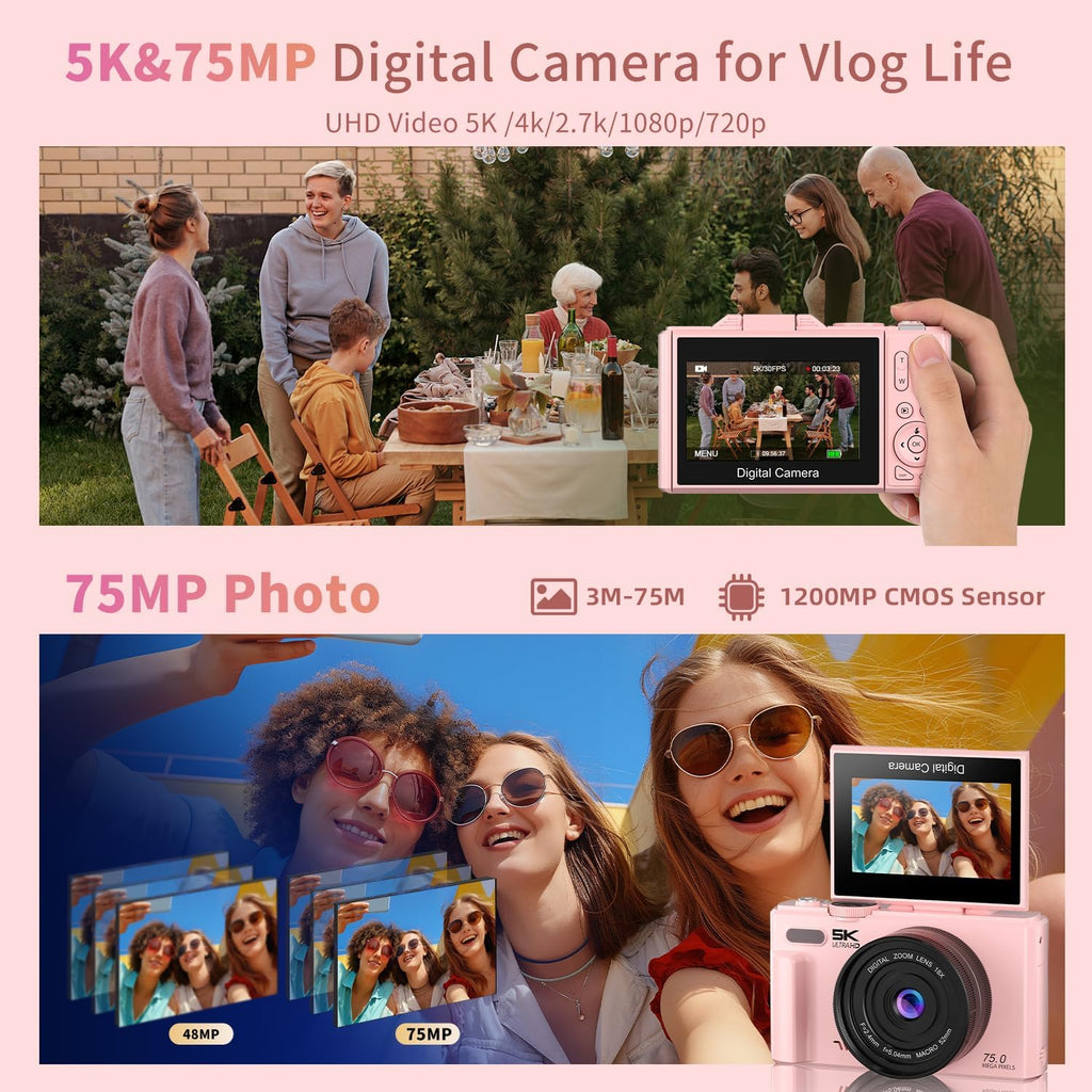 Ourlife 5K Digital Camera for Photography with Flip Screen,Pink Camera