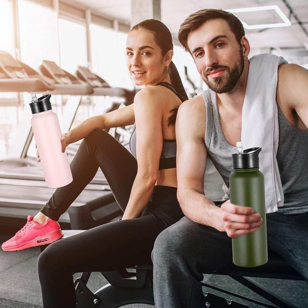 VEGOND 40 oz Insulated Water Bottle Stainless Steel Metal Water Bottles with Leak Proof Straw Lid & Spout Lid, Wide Mouth Double Walled Vacuum Travel Sports Bottle, Army Green
