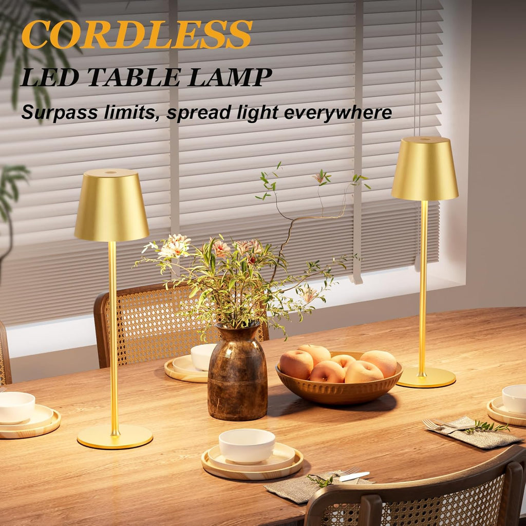 Cordless Table Lamp Rechargeable Gold - KK 2 Pack 5000mAH Battery Operated Lamp for Dining Table, 3 Color Stepless Dimming Wireless Lamp for Counter, Outdoor Patio, Touch Control, Water Repellent
