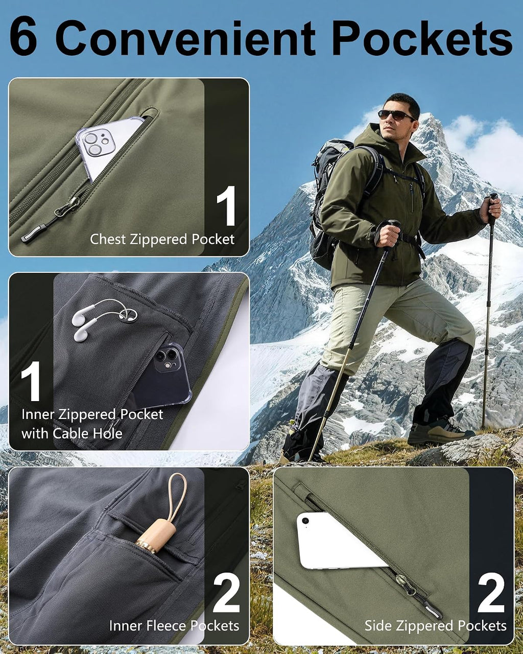 Outdoor Ventures Men's Softshell Jacket Waterproof Fleece Rain Shell Coat