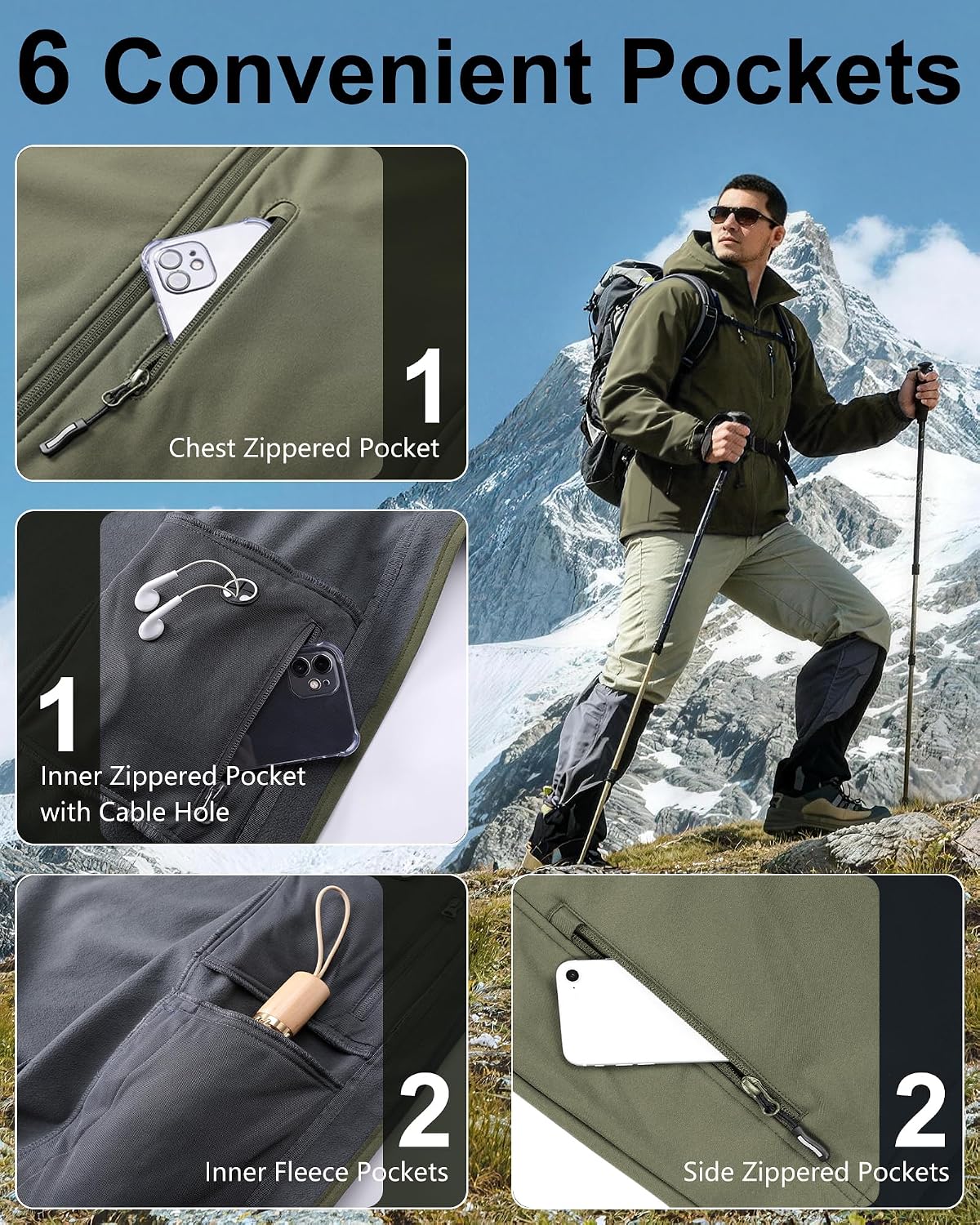 Outdoor Ventures Men's Softshell Jacket Waterproof Fleece Rain Shell Coat