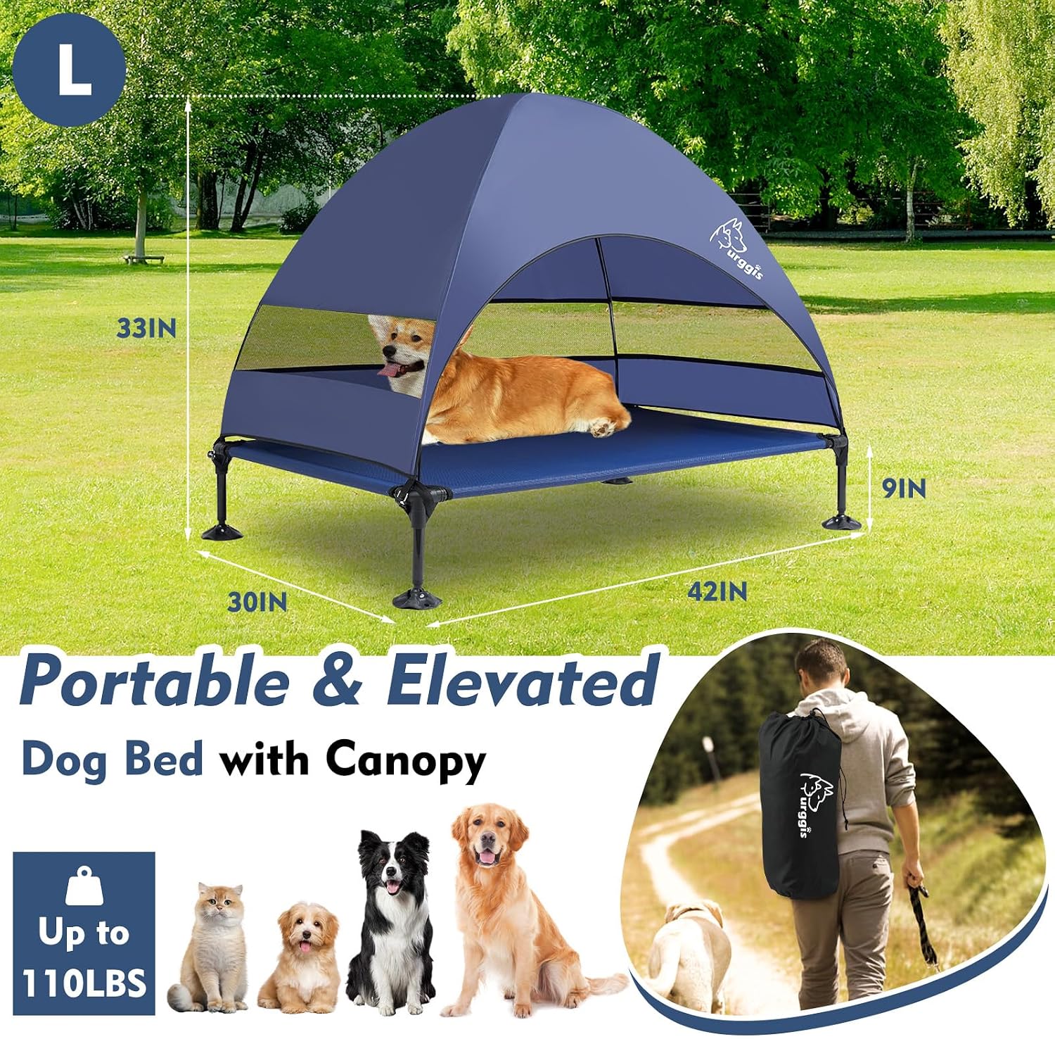 Elevated Dog Bed with Canopy Raised Outdoor Dog Shade Camping Cooling Cot