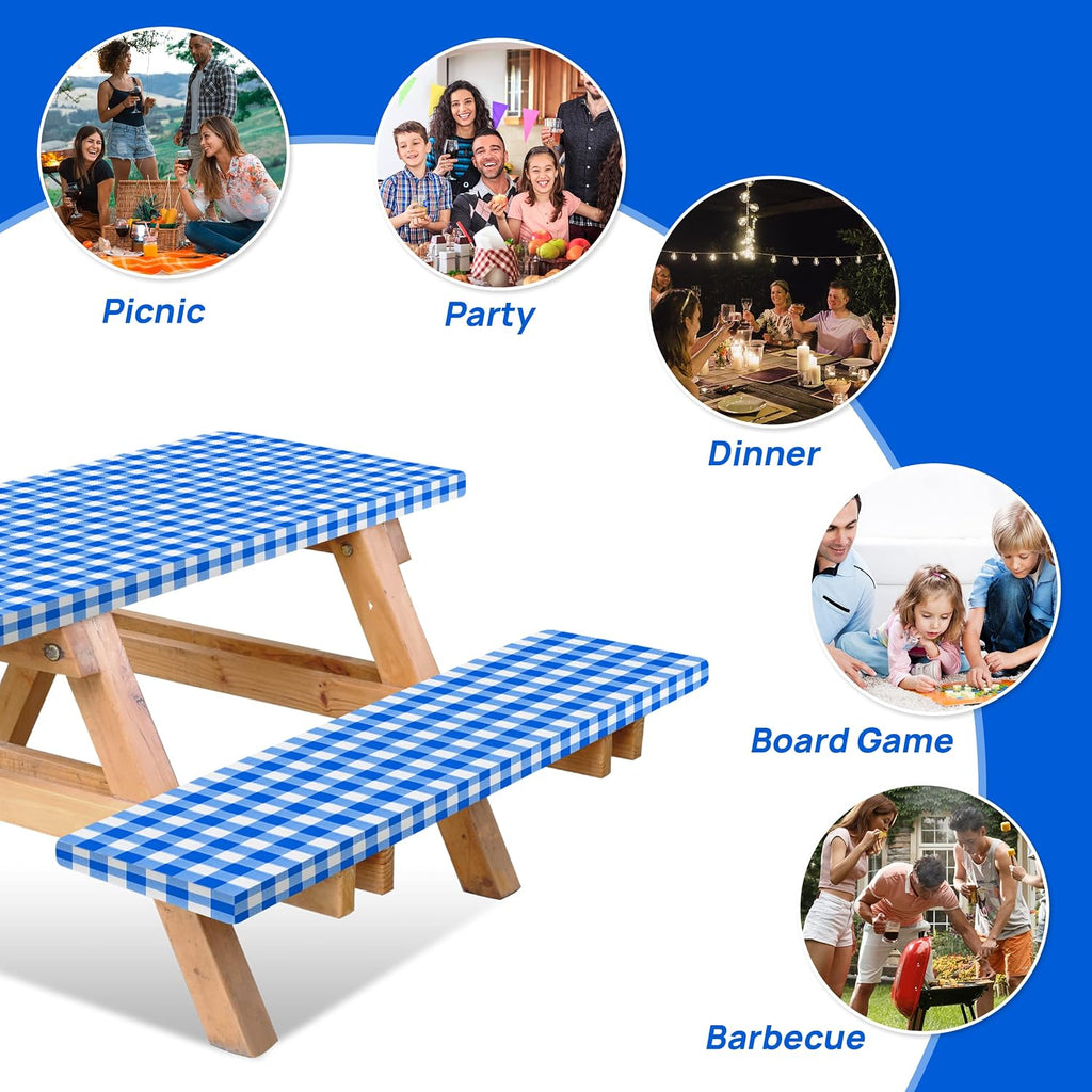 Vinyl Fitted Picnic Table Cover with Bench Covers & Blue 6ft Blue Checkered