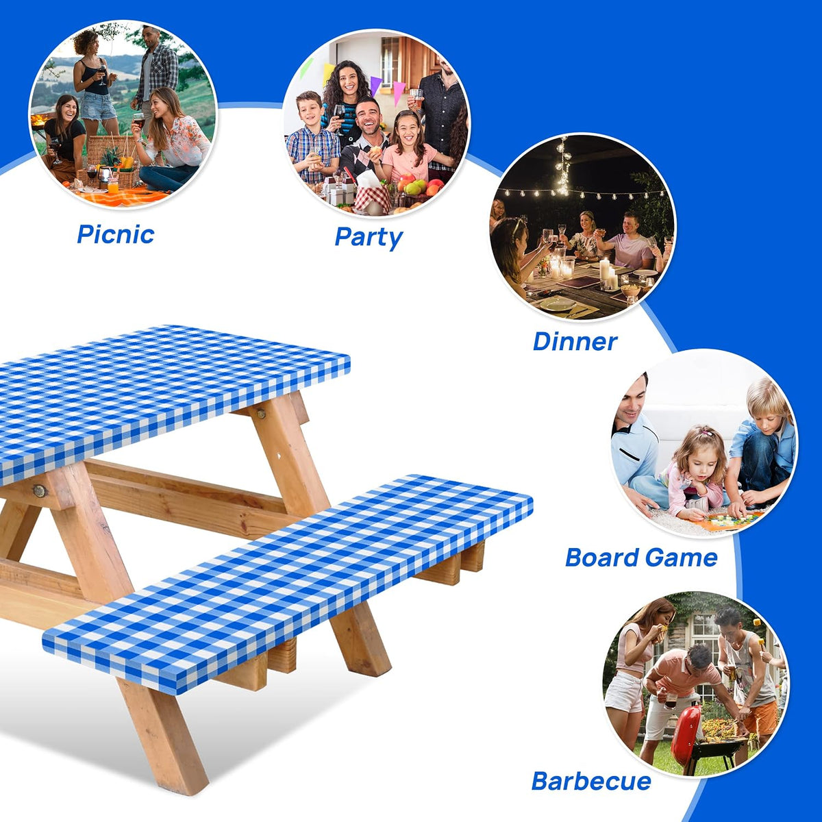 Vinyl Fitted Picnic Table Cover with Bench Covers & Blue 6ft Blue Checkered