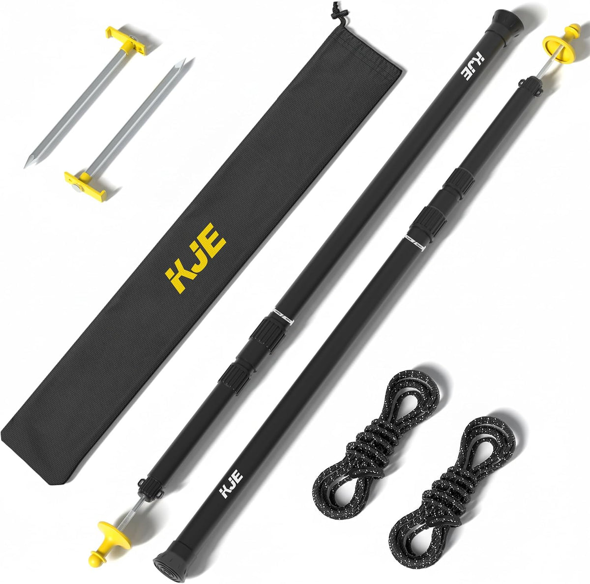 KJE 2 Pack Adjustable Heavy-Duty Tarp Poles, Camping Tent Poles Set with Ground Stakes & Guylines & Yellow Protection Caps, Aluminum Telescoping Pole(2.79ft to 8.5ft) for Outdoor Tarp Use