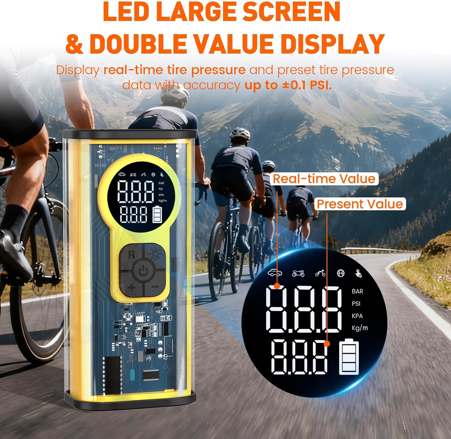 Electric Bike Tire Pump, Portable Electric Air Pump for Road Bicycle, E-Bike, Motorcycle, Car Tires and Sports Ball Inflation