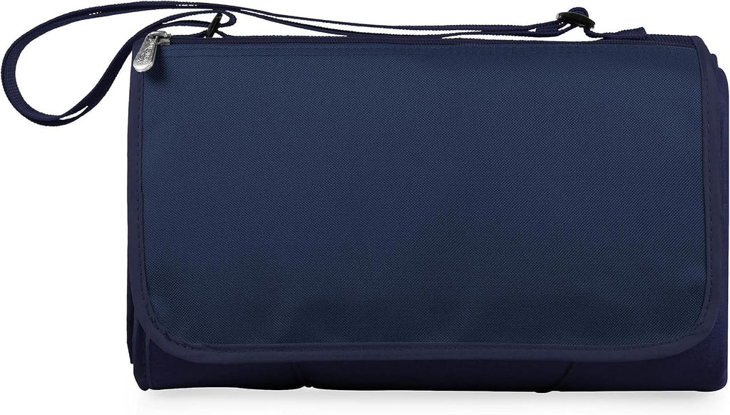 PICNIC TIME Outdoor Picnic Blanket Tote, 59"x51" Foldable Beach & Camping Blanket with Soft Fleece, Water-Resistant Bottom, Adjustable Strap & Zippered Pocket (Navy Blue with Blue Flap)