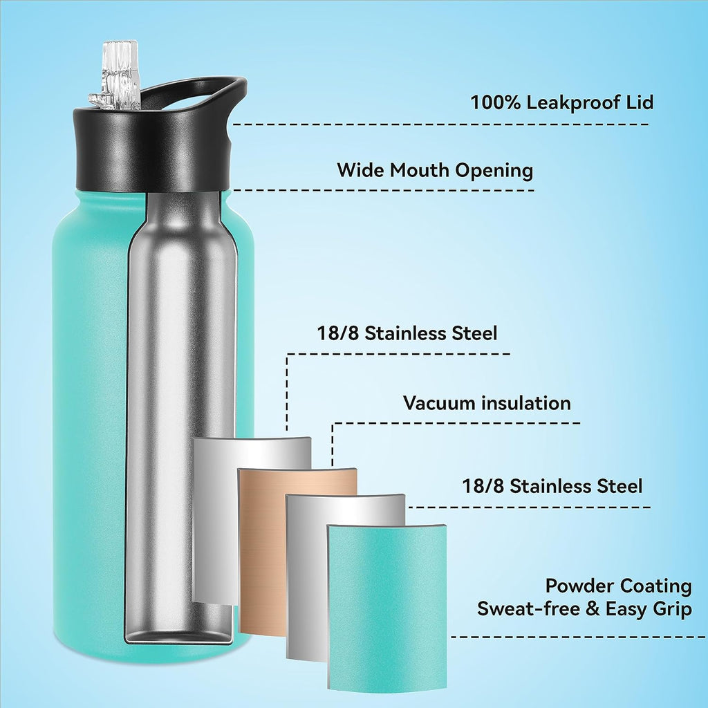 VEGOND 32 oz Insulated Water Bottle Bulk Stainless Steel Metal Water Bottles with Leak Proof Straw Lid & Spout Lid, Wide Mouth Double Walled Vacuum Travel Sports Bottle, 8 Pack