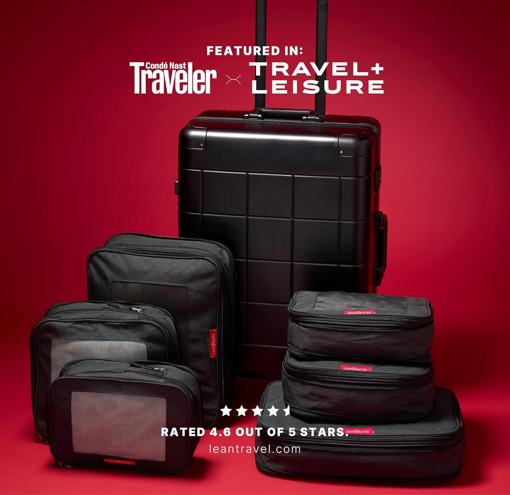LeanTravel Premium Compression Packing Cubes for Travel - Suitcase Organizer Bags with Double Zipper & Breathable Mesh Panel - Space Saving Carry On Luggage Essentials (6-Pack, Black)