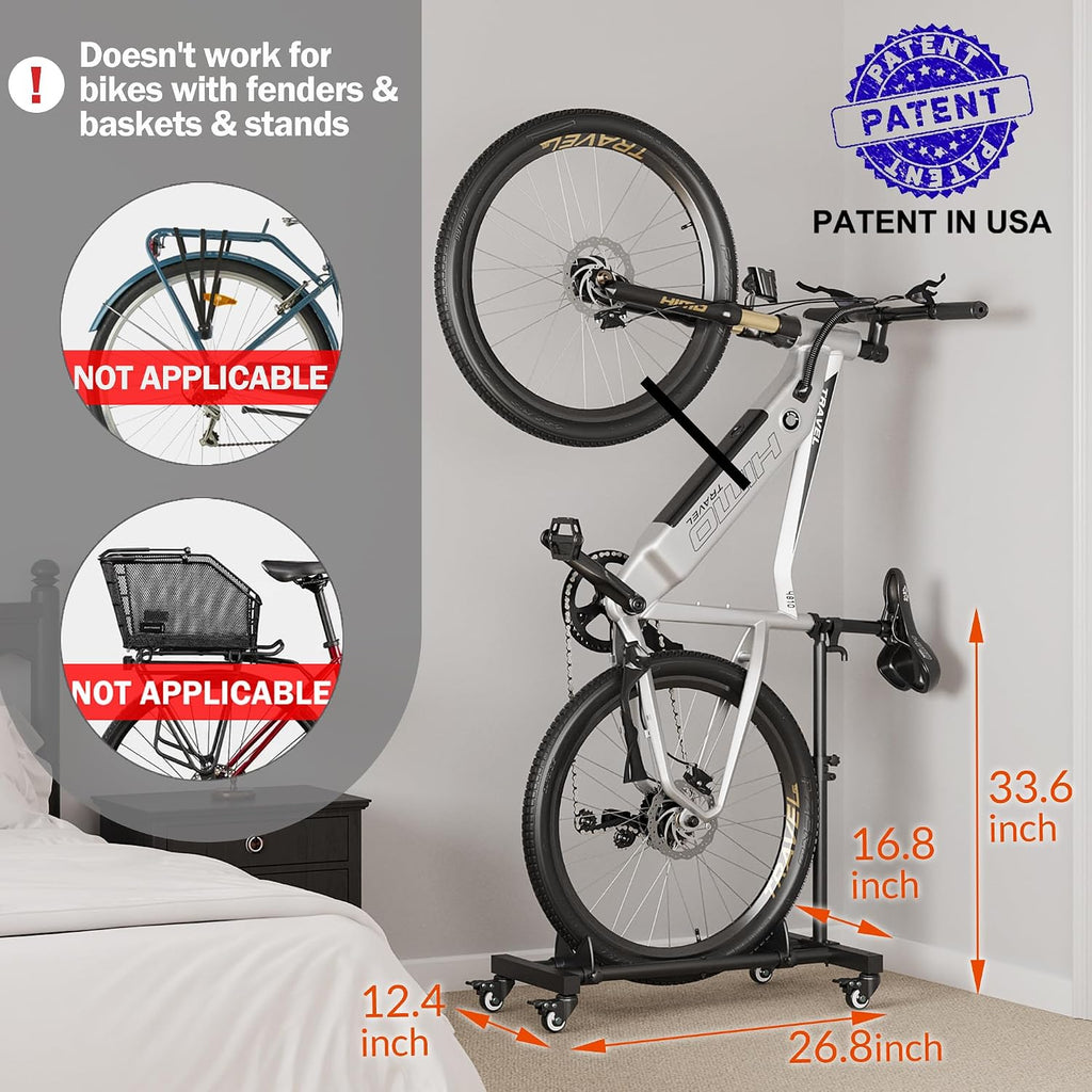 Vertical Bike Stand, Freestanding Bike Rack for Garage Storage, Upright Bicycle Floor Stand with Adjustable Height and 360° Rolling Wheels, Space Saving Indoor Bike Holder for 24"-29" Standard Bikes