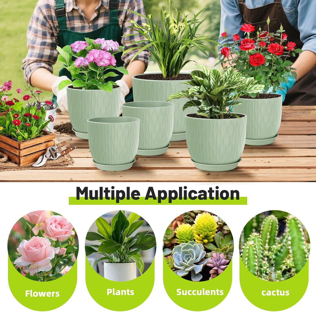 Plastic Plant Pots 10/9/8/7.5/7 inch Set of 5, Flower Planters with Drainage Holes and Saucers, Plastic Pots for Indoor Outdoor Plants, Livingroom Garden Decor (Green)