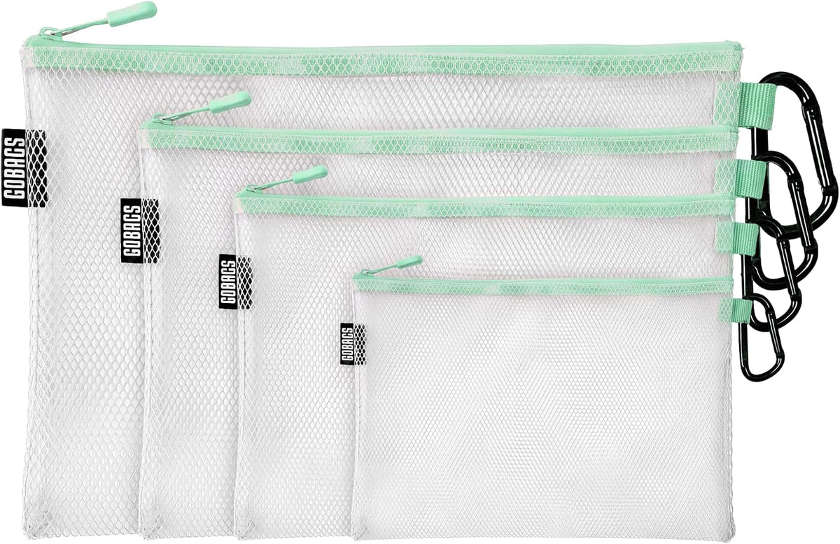 GOBAGS Air Production Multi‑Size Clear Zipper Pouch (4‑Pack) – Cable Organizer & Travel Gear Bag for Electronics, Camera Accessories, Tool Pouch & Small Tech Storage (Mint Green)