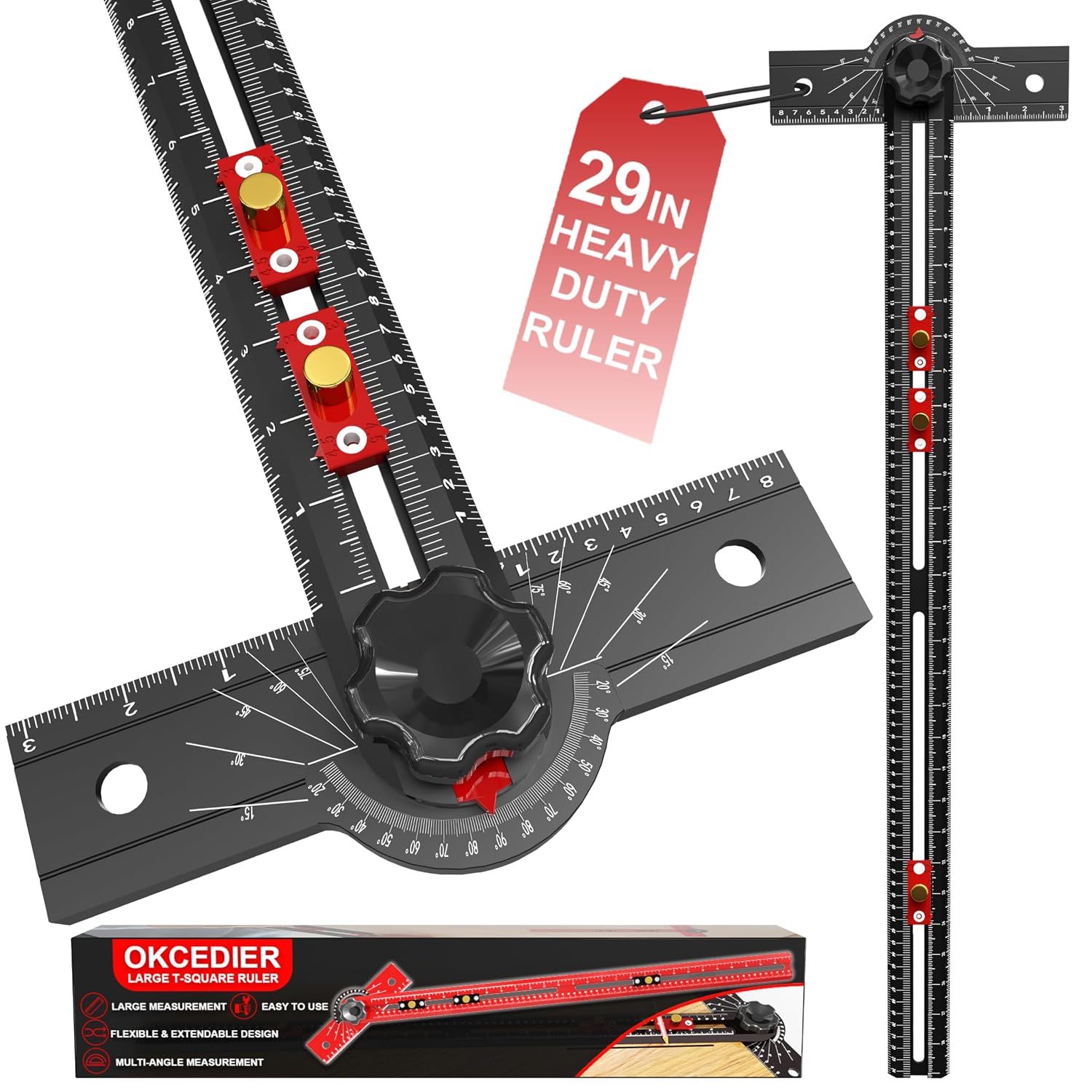 29 Inch Woodworking T Square Ruler, Aluminum Alloy, Adjustable Angle 15-165° Measurement Tool, Precision Drilling Positioning Guide for Carpentry, Drafting, Contractor, Scribe Crafting, Drywall