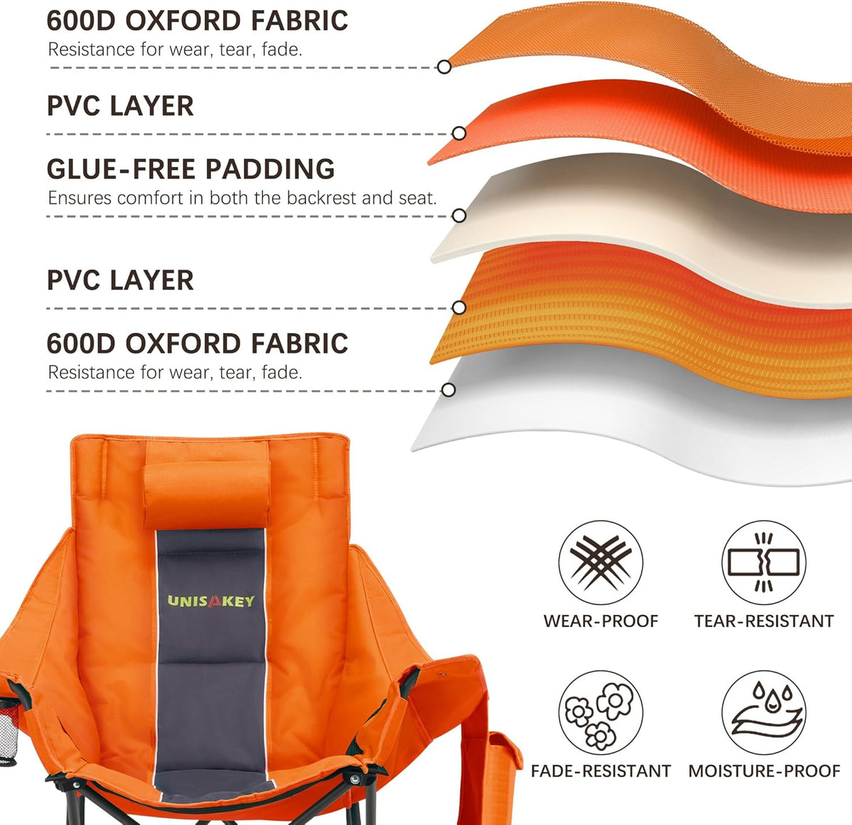 Unisakey Oversize Foldable Rocking Camping Chair300lbs Capacity,Orange