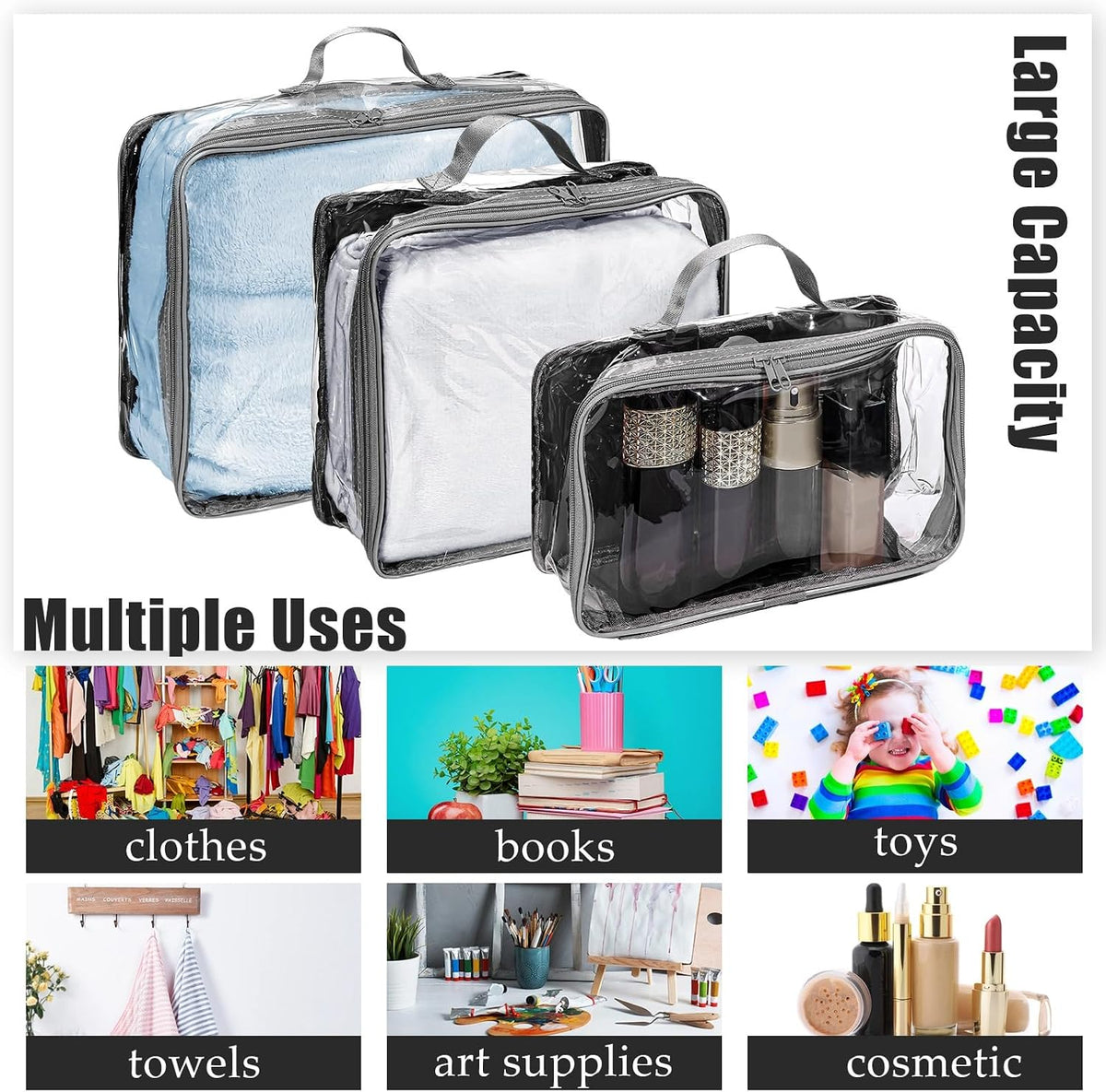 Hillban 6 Pcs Large Clear Packing Cubes for Travel, 3 Sizes PVC Bags, Gray