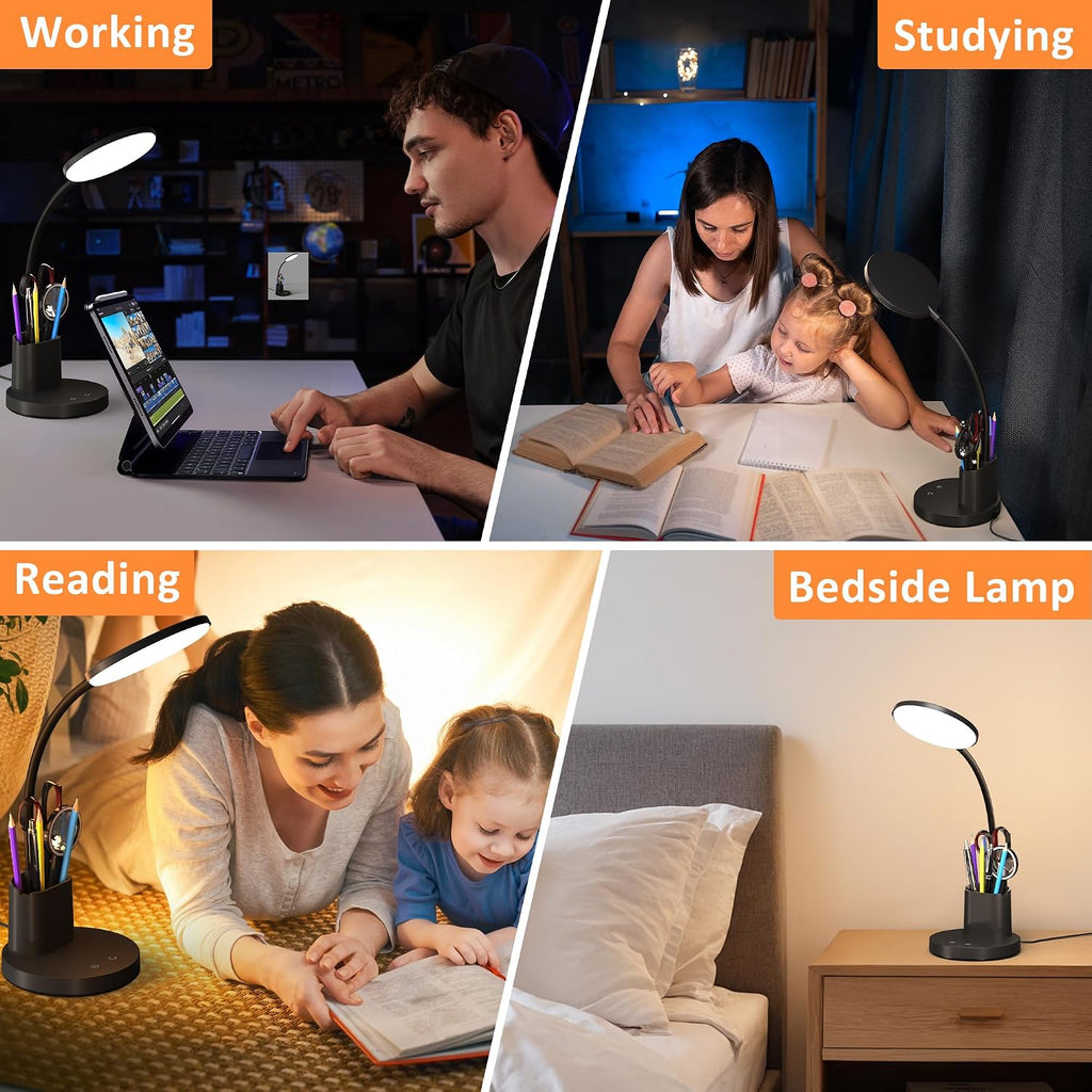 LED Desk Lamp for College Dorm with Pen Phone Holder, Black