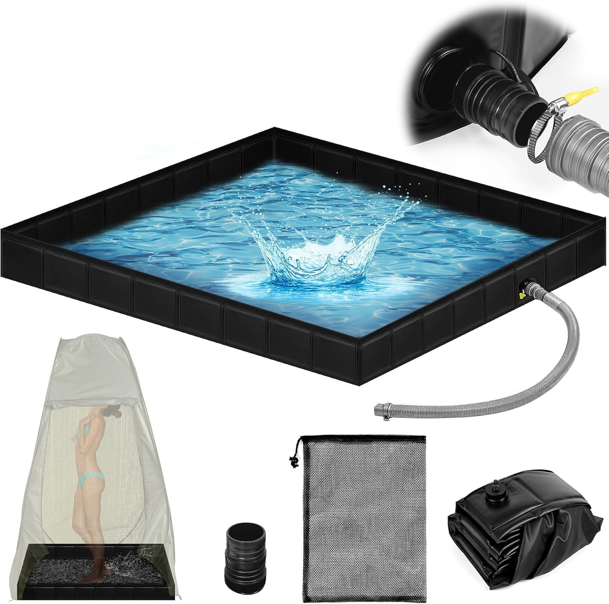 Upgraded Portable Shower Pan 41"x41"x5" - Heavy-Duty Non-Slip Base with Drain Hole & Mesh Storage Bag | Collapsible Camp Shower Tray for RV, Beach, Glamping | Leakproof Outdoor Bath Floor