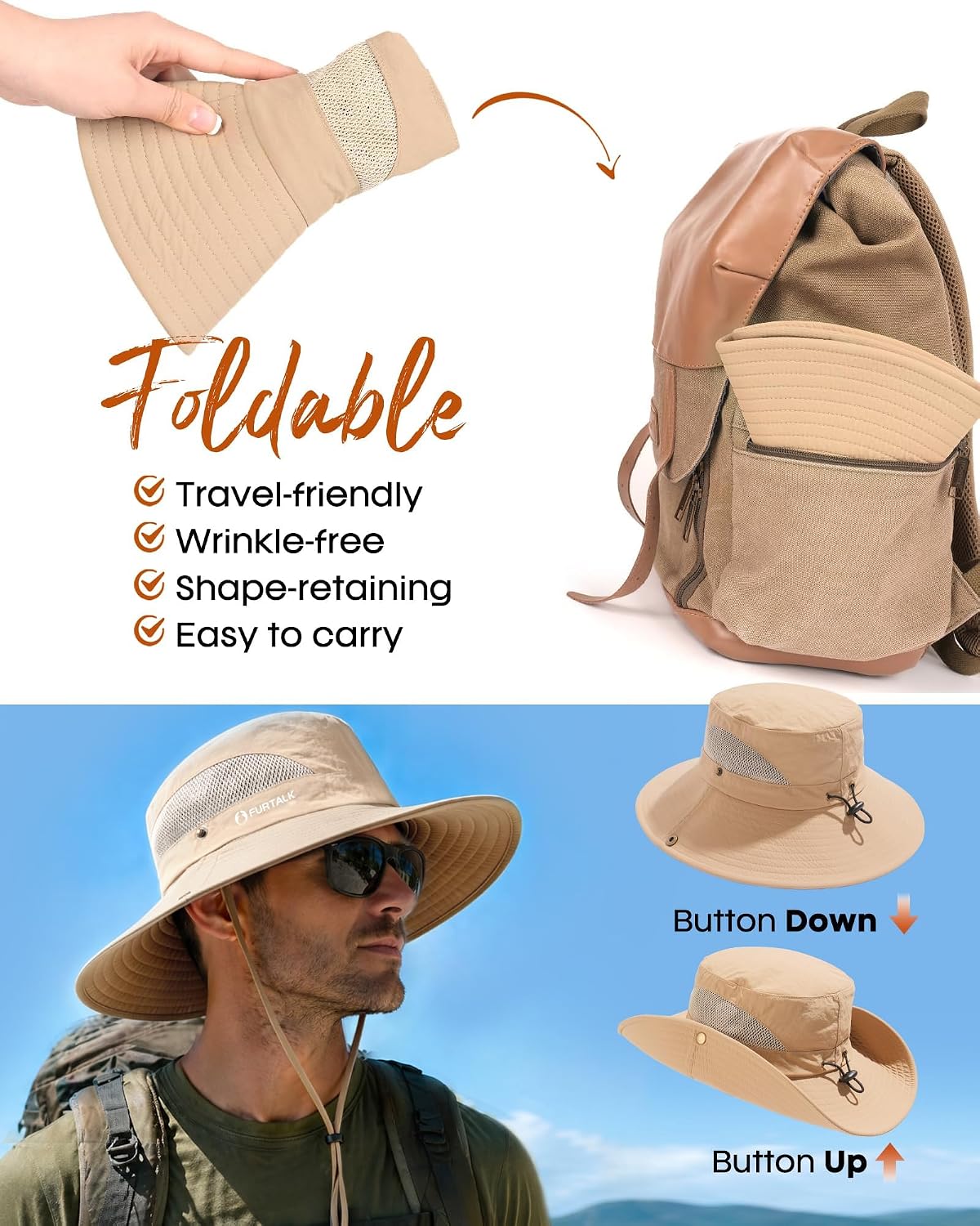FURTALK Mens Bucket Sun Hat UPF Protection Wide Brim Breathable Fishing Hat