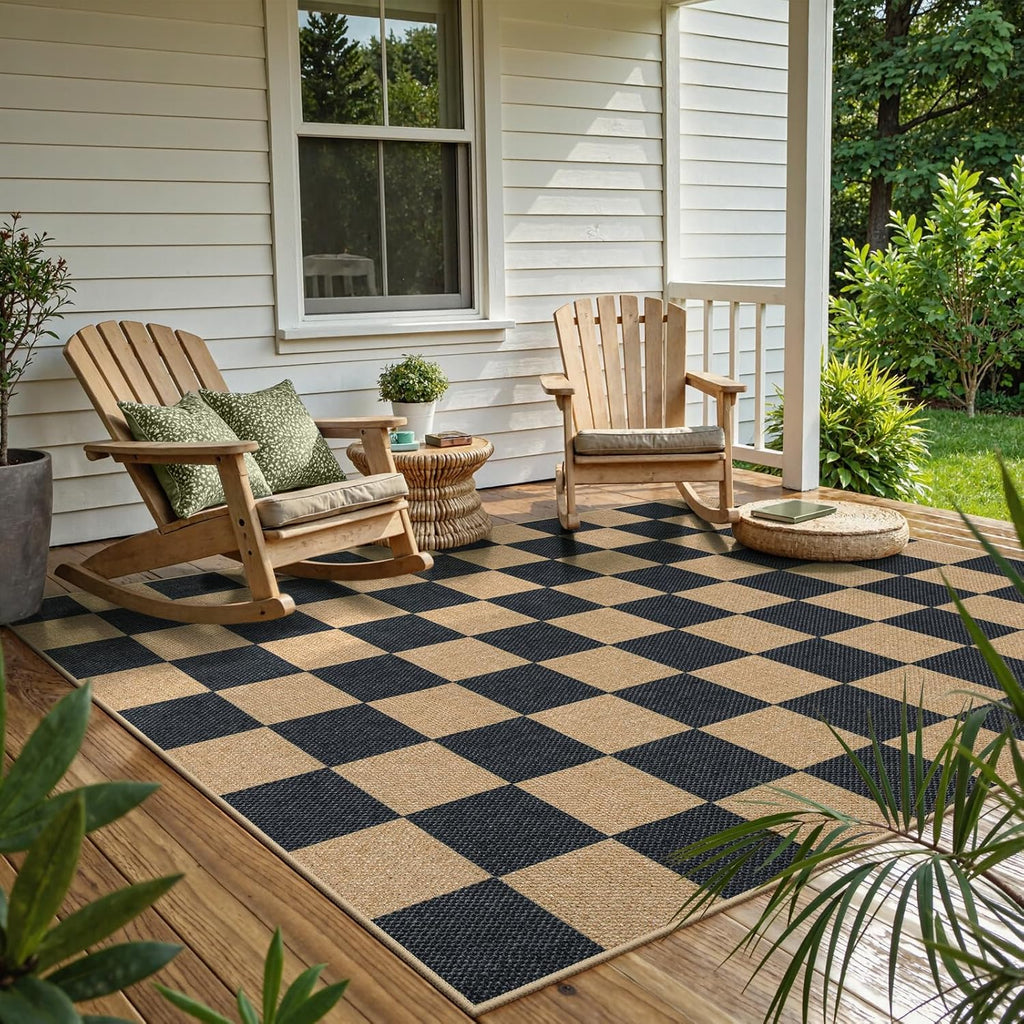 Lahome Checkered Easy Jute 5x7 Outdoor Patio Rug, Area Rugs Washable Black