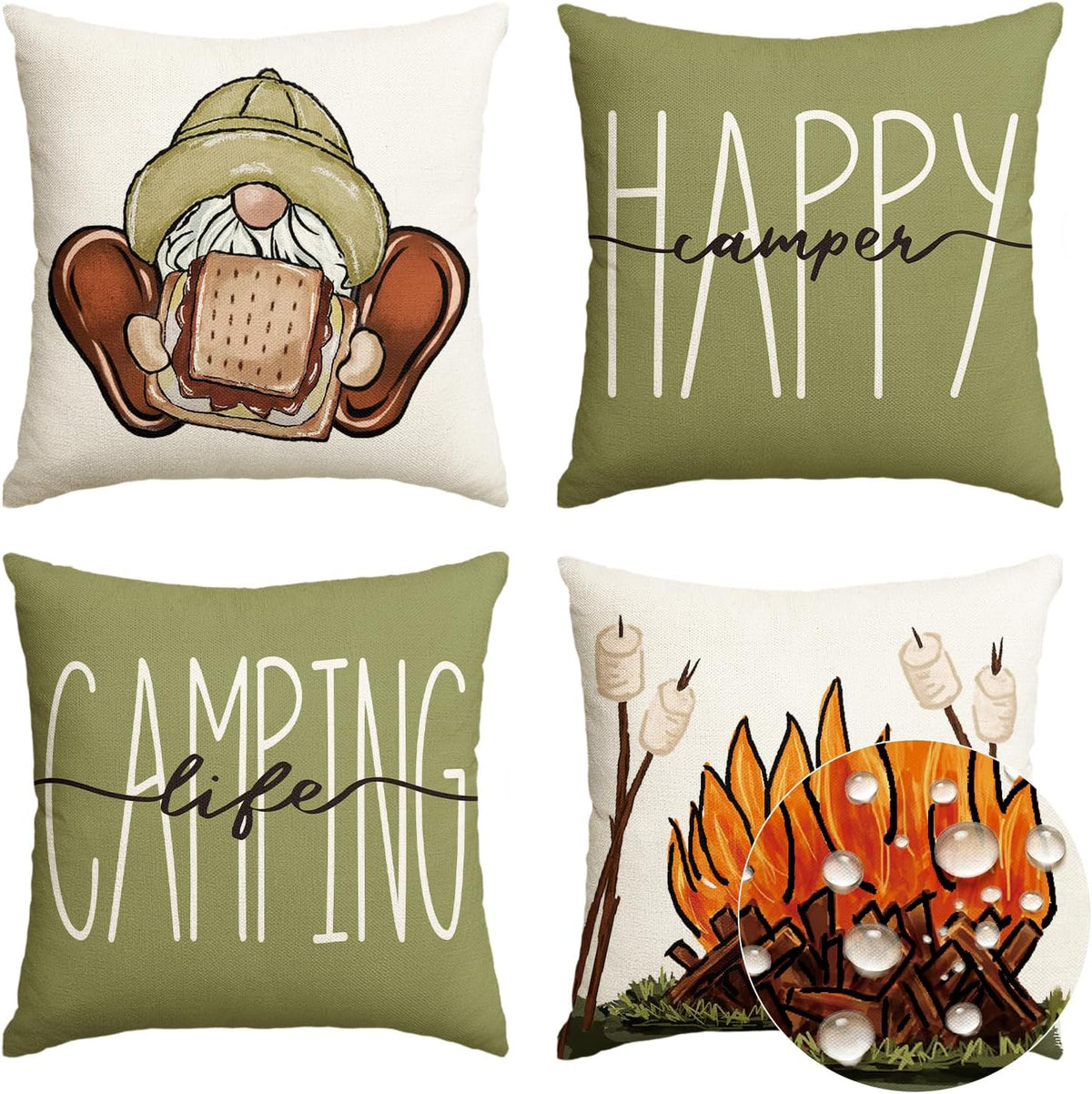 AVOIN colorlife Happy Camper Camping Life Throw Pillow Covers 18x18 Set of 4, Gnome S'More Campfire Decoration for Sofa Couch