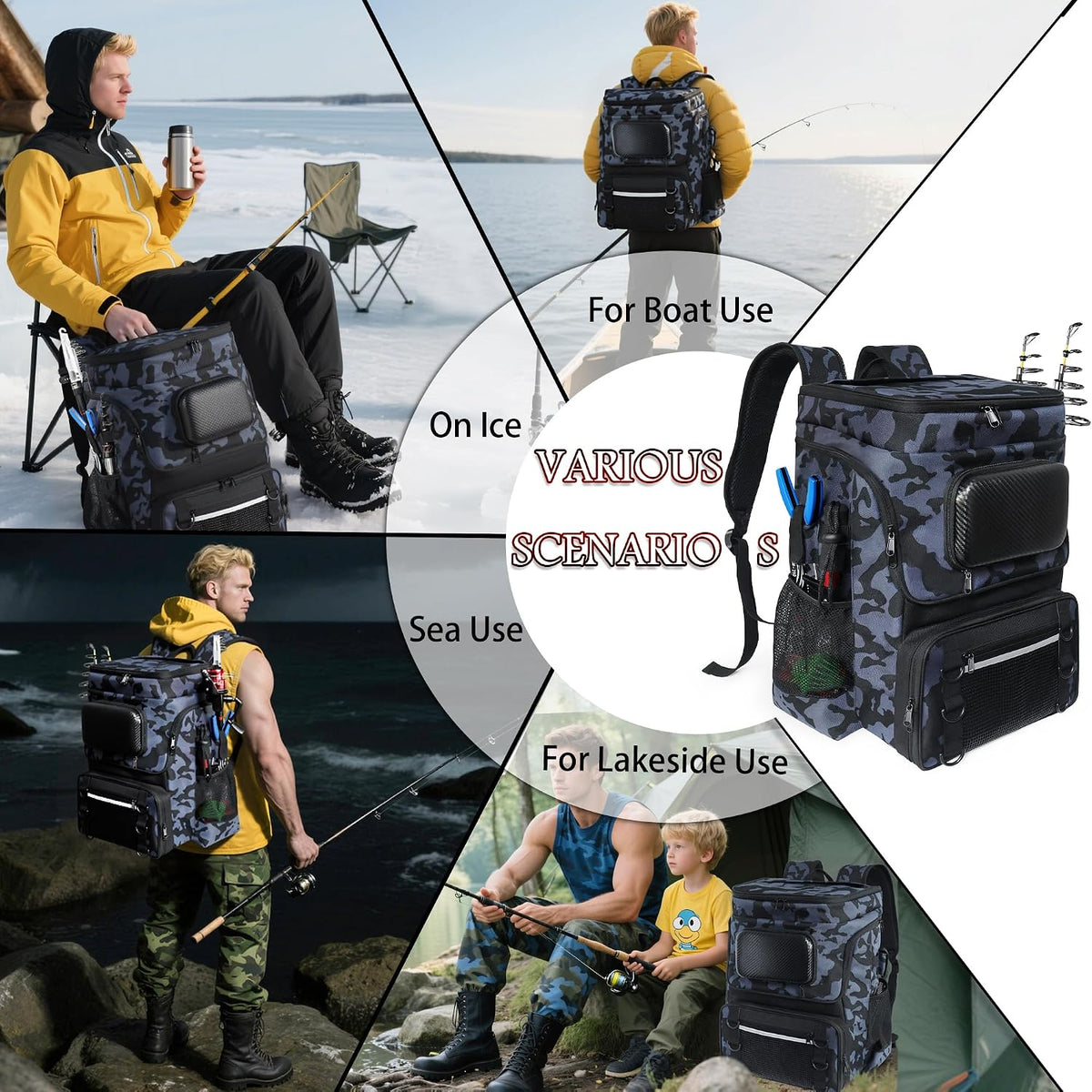 Fishing Backpack with Rod Holder, Large 50L Tackle Bag Water Resistant Tackle Backpack Heavy Duty Fishing Bag Gift for Men Woman