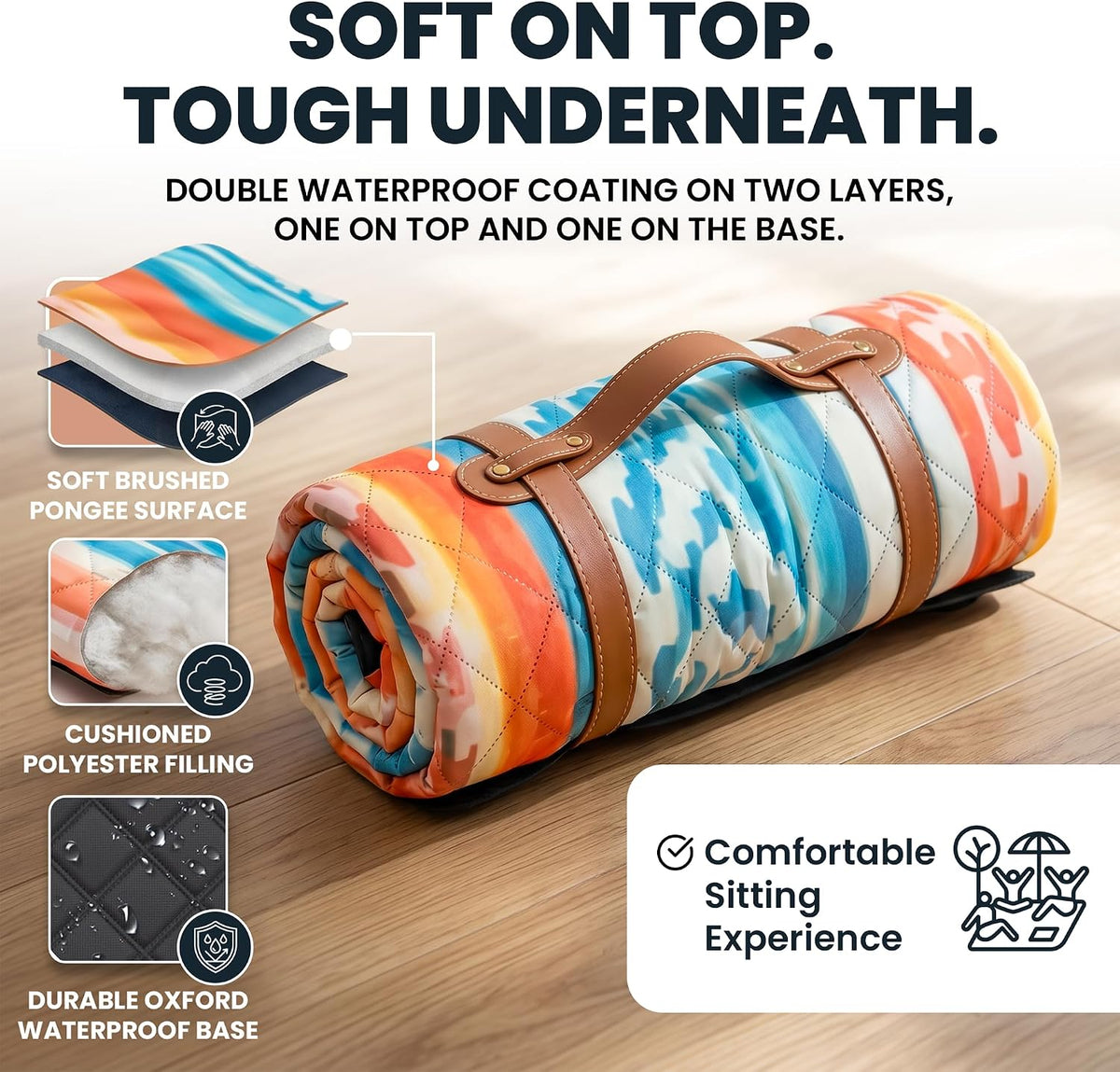 Picnic Blanket Waterproof 80”x80” Extra Large Beach Blanket for 6-8 People, Foldable Outdoor Blanket with Boho Southwestern Design for Camping, Travel, Park & Lawn
