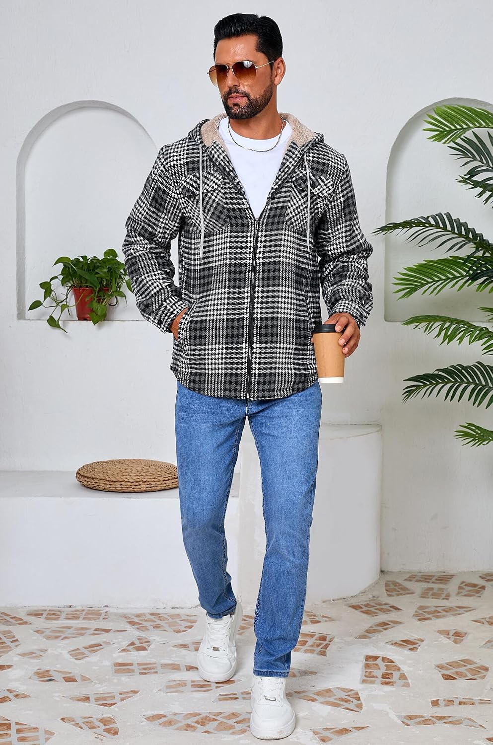 Men's Zip Up Flannel Shirt Jacket Fleece Lined with Hood