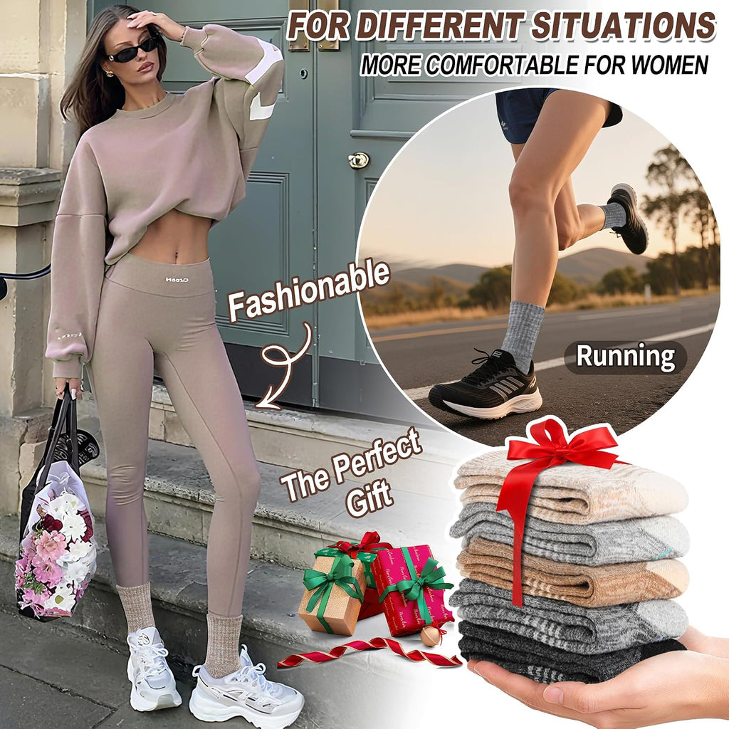 Sandsuced Merino Wool Hiking Socks Thermal Warm Winter Cozy Crew with Cushioned Sole & Moisture Wicking 5 Pairs for Women