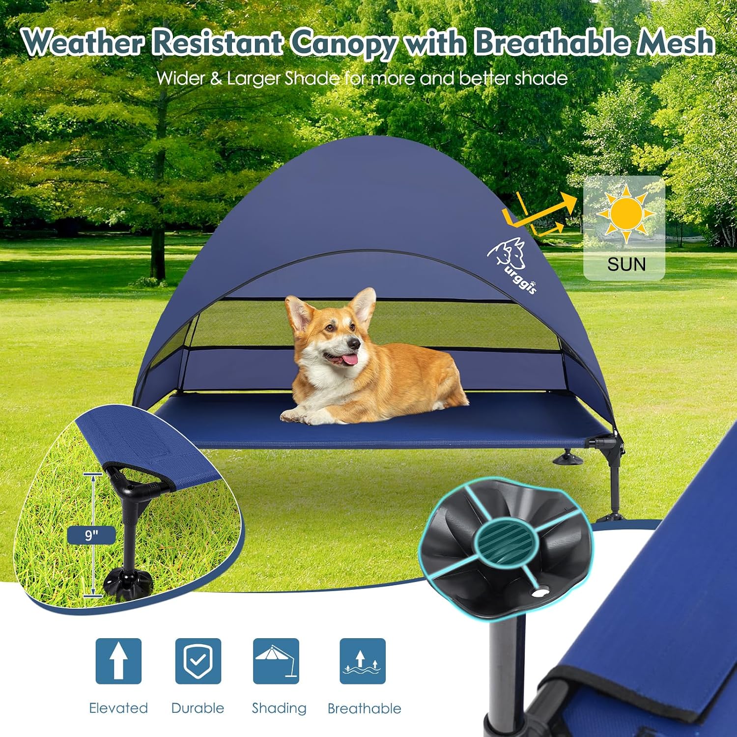 Elevated Dog Bed with Canopy Raised Outdoor Dog Shade Camping Cooling Cot