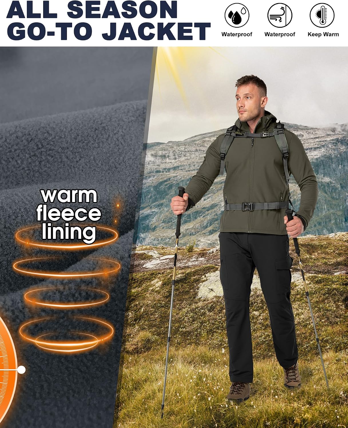 33,000ft Men's Hooded Fleece Lined Rain Shell Jacket Waterproof Lightweight