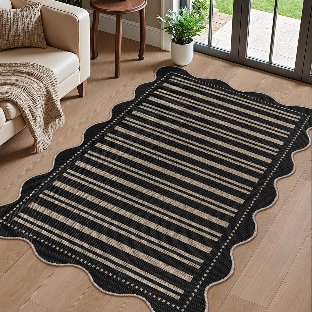 Striped Easy Jute Outdoor Patio Rug, 3x5 Washable Rugs for Entryway Indoor Outdoor Living Room Area Rug, Farmhouse Non Slip Black Carpet for Backyard Bedroom Porch