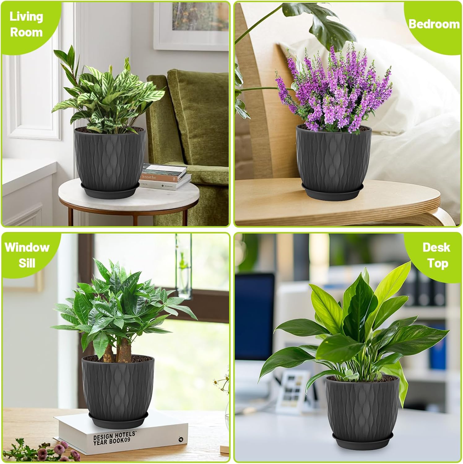 Plastic Plant Pots 10/9/8/7.5/7 inch Set of 5, Flower Planters with Drainage Holes and Saucers, Plastic Pots for Indoor Outdoor Plants, Livingroom Garden Decor (Black)