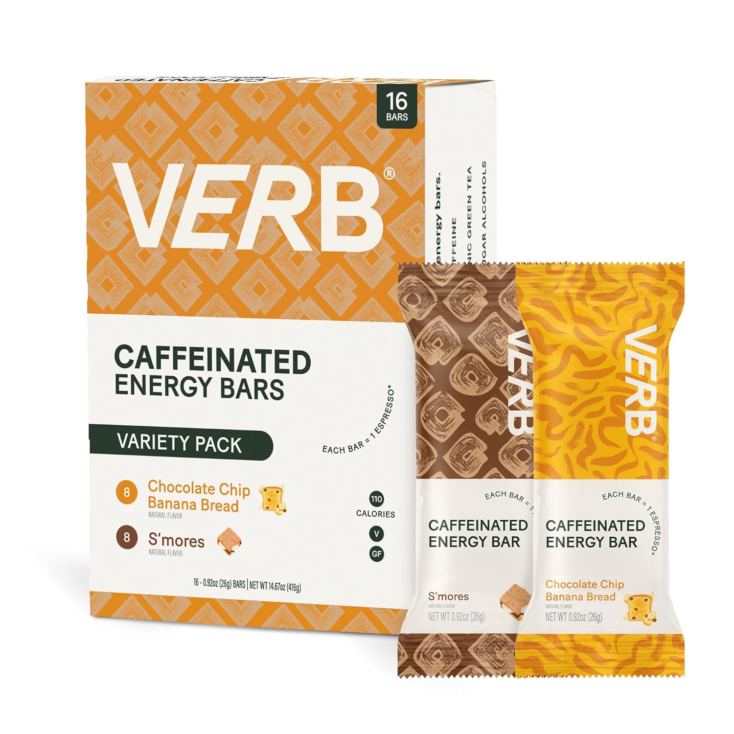 Verb Caffeinated Energy Bars Variety Pack - 2 Flavors (26g, Pack of 16)