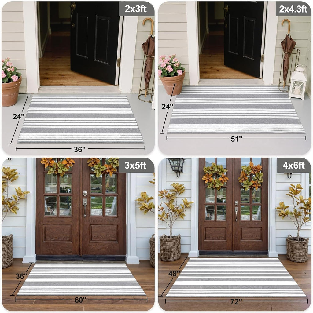 OJIA Front Door Rug 24"x51" Gray and White Striped Outdoor Rug Porch Decor