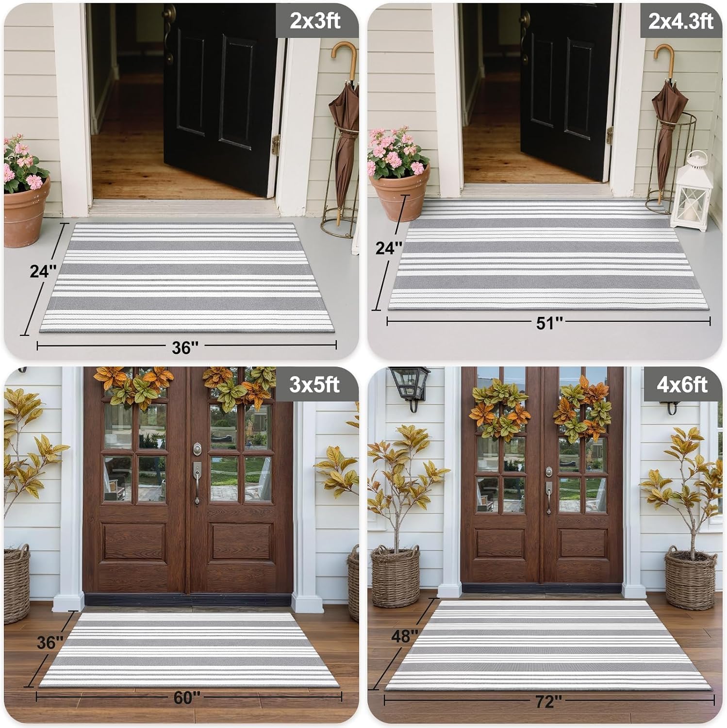 OJIA Front Door Rug 24"x51" Gray and White Striped Outdoor Rug Porch Decor