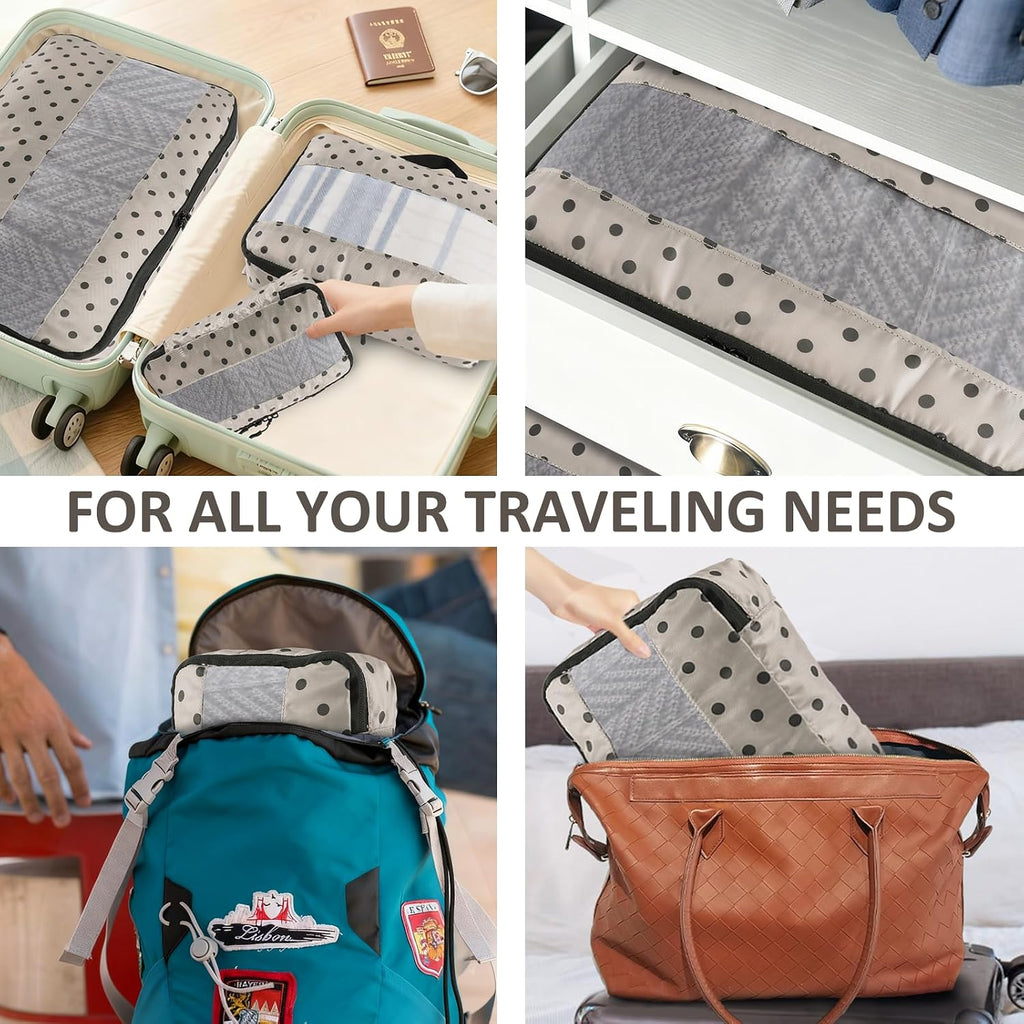 U+U 5 Set Packing Cubes, Travel Organizers with Shoe Bag (Brown Polka Dot)