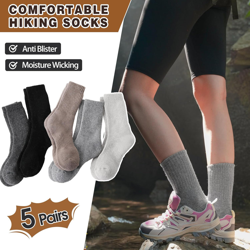 MOGGEI 5 Pairs Womens Merino Wool Socks Hiking Warm Winter Thick Thermal Crew Cozy Cabin Ladies Gift Comfy Boot Work Socks