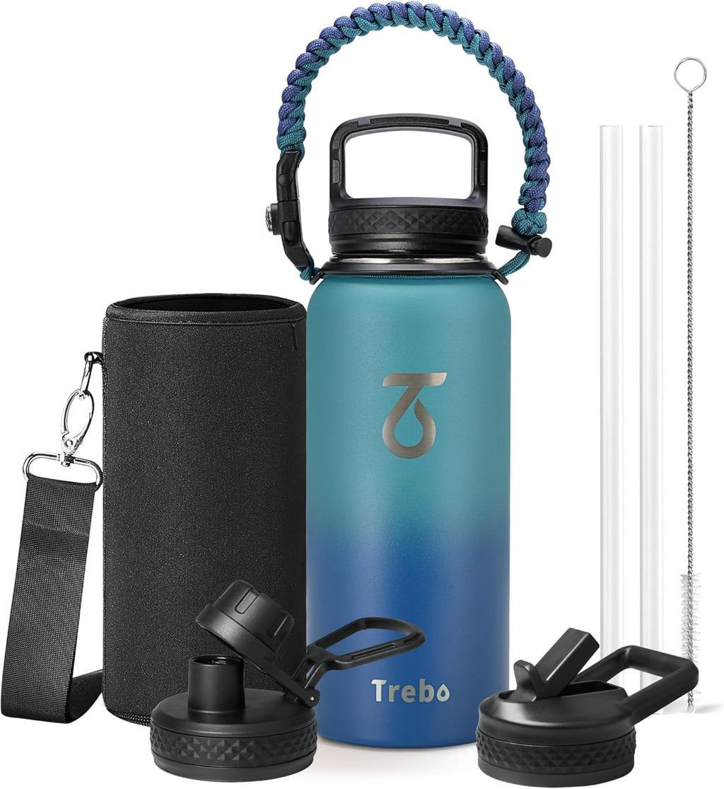 Trebo Insulated Water Bottle 24 oz with 3 Lids, Paracord Handle