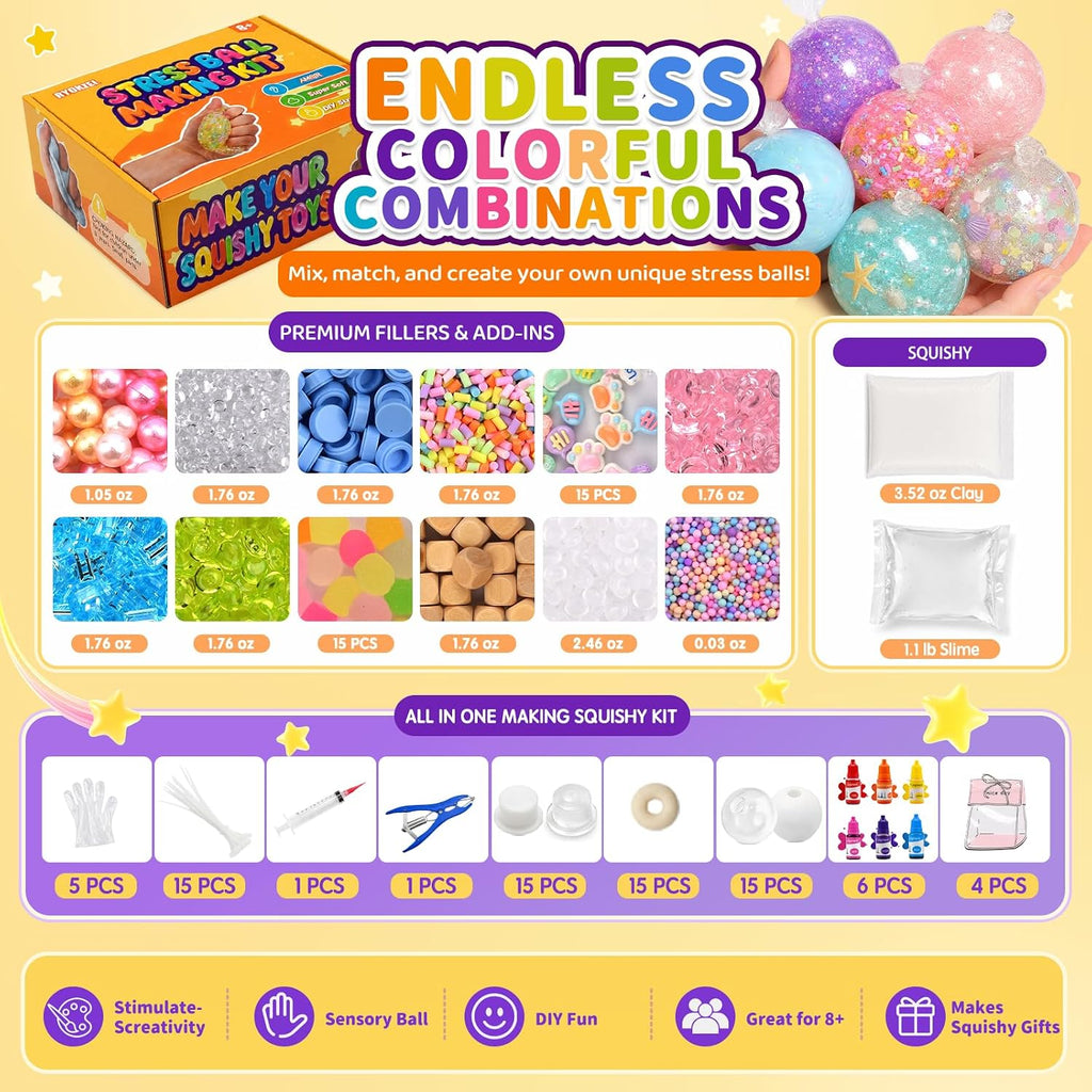 DIY Stress Ball Squishy Making Kit, Make Your Own Squishy Ball Craft Classroom Prize, 15 Empty Big Squishy Skins, 1.2 lb Fillers, 17.6 oz Slime, 3.5 oz Clay, Opening Plier, 6 Coloring, Gift-Ready