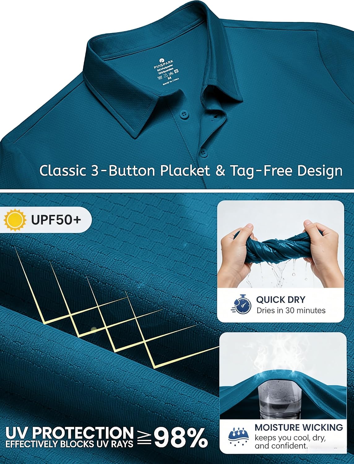 PINSPARK Men's Golf Polo Shirts UPF 50+ Moisture Wicking Collared Shirts
