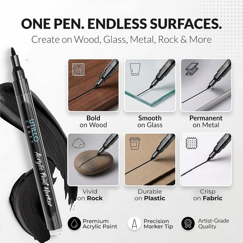 Utillo Craft Black Paint Pen (8-Pack), 0.7mm Extra Fine Black Paint Markers