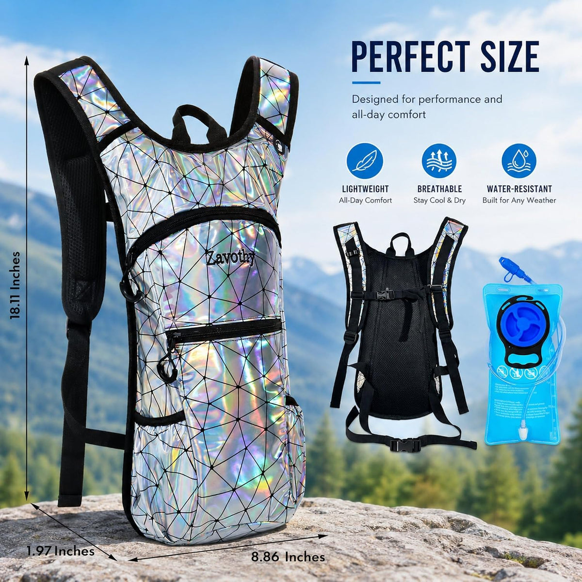 Zavothy Rave Hydration Backpack with 3L Bladder, Colorful Festival Hydration Pack with Side Pockets, Lightweight Water Backpack for EDM, Music Festivals, Hiking & Cycling