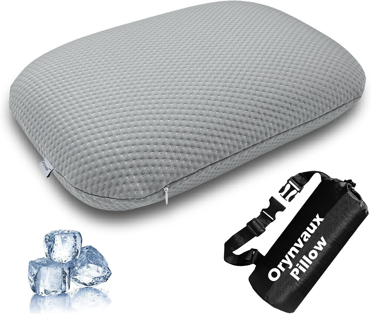 Cooling Travel Pillow, Small Memory Foam Camping Pillow with Adjustable Buckle Strap & Storage Bag, Compact Small Pillow for Airplane, Car Lumbar, Office, Washable Cooling Cover, Quarry Grey