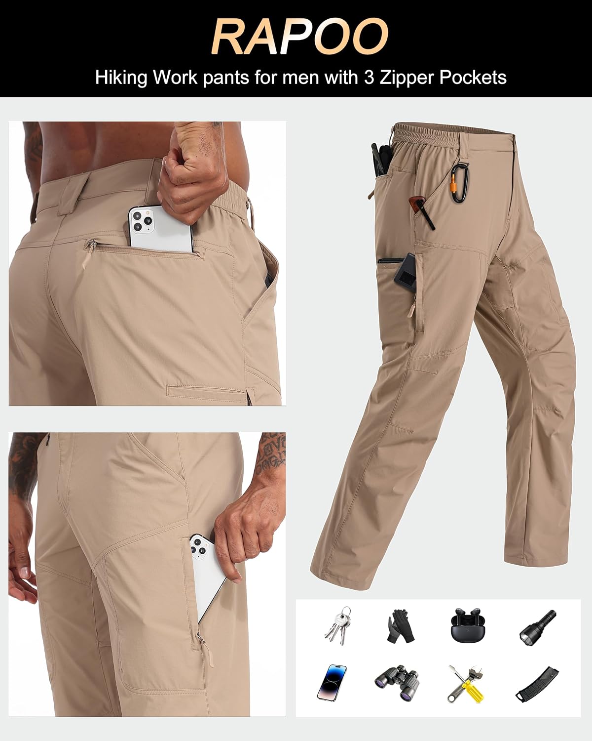 Rapoo Mens Hiking Pants Lightweight Water Resistant Breathable Nylon Cargo Pants with 6 Pockets