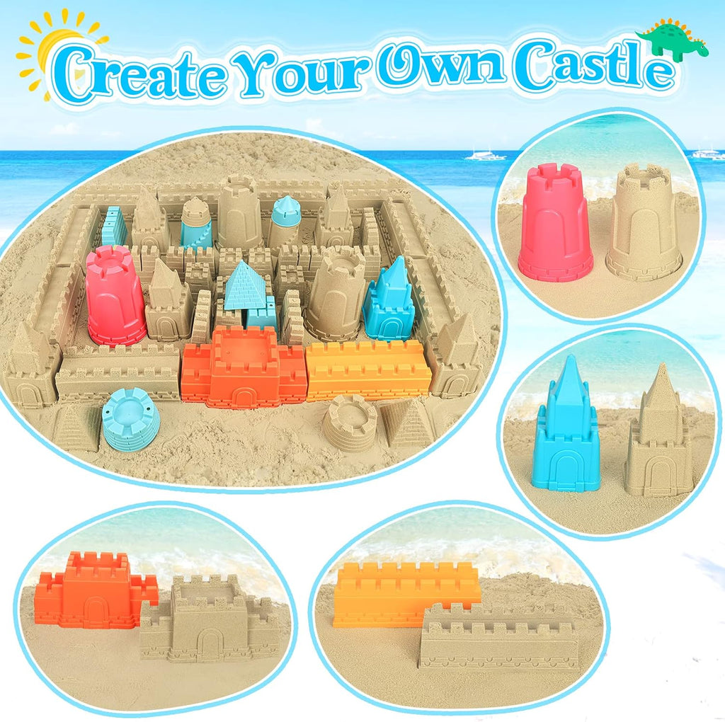 RACPNEL Beach Toys with Collapsible Bucket, Sand Castle Kit for Kids 3-12 | Castle Building Kit, Shovels, Portable Mesh Bag for Sandbox, Backyard, Summer Travel, Beach Games, Multi-Scene Outdoor Fun