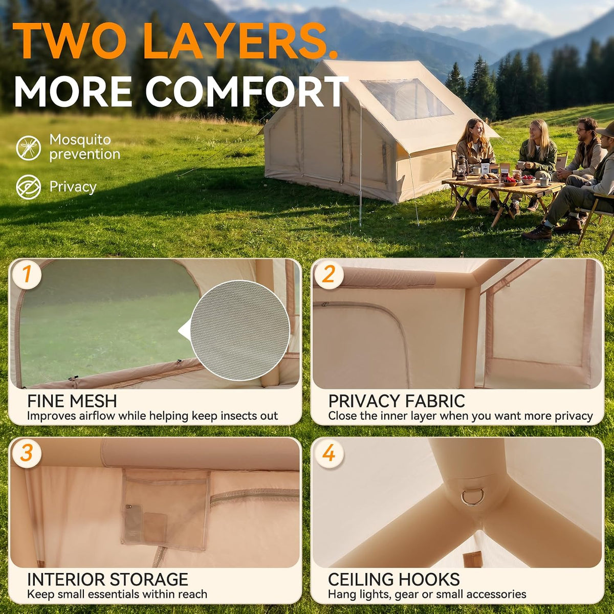 Inflatable Camping Tent, 5-Minute Setup, 4-6 Person Family Tent