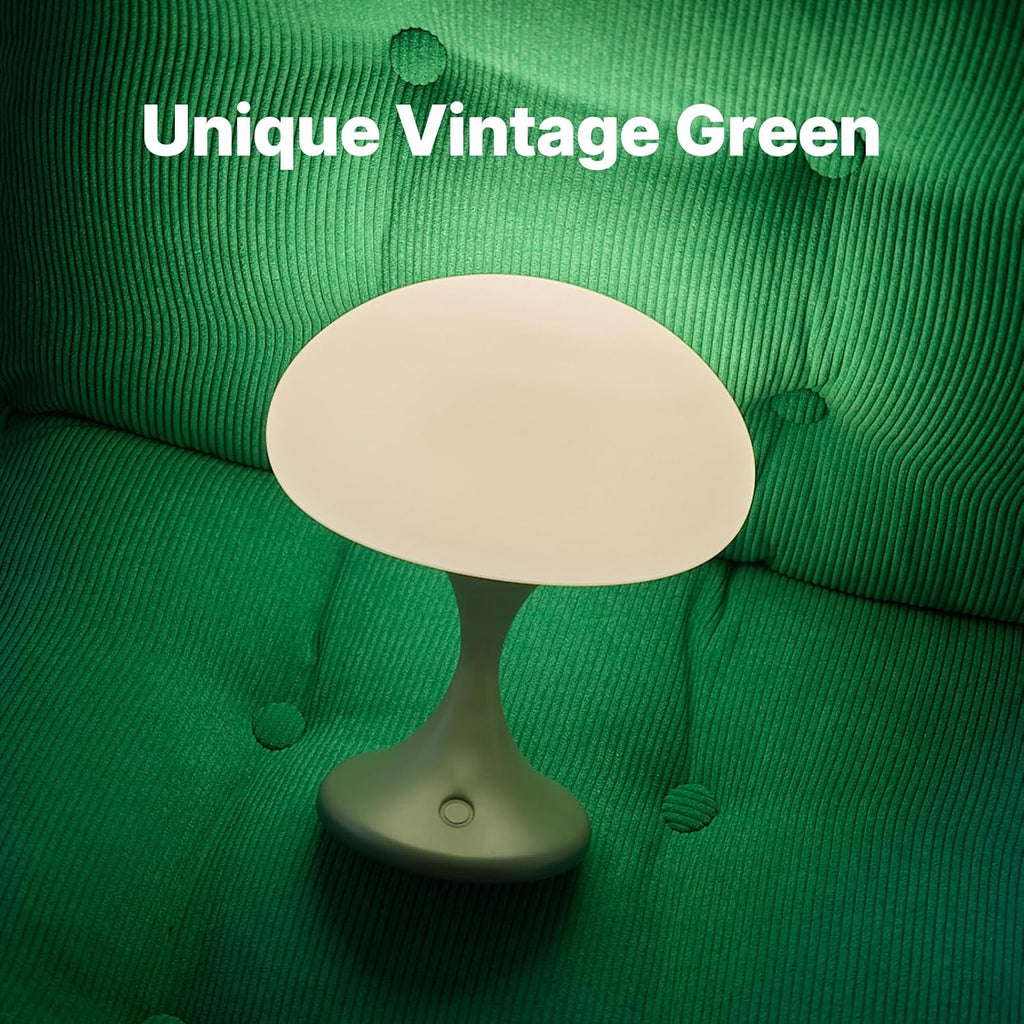 MAGCHARM Mushroom Lamp, 5W LED Cordless Rechargeable Table Lamp with Glass Shade, Small Retro Dimmable Touch Light with 3 Color Temps, Aesthetic Mid Century Bedside Light for Bedroom Ambient, Green