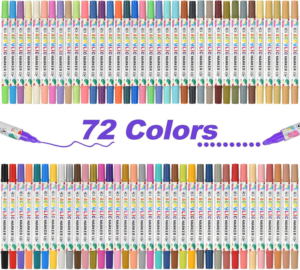 KEMYR 72 Colors Acrylic Paint Pens, Dual Tip Acrylic Paint Markers for Paper, Wood, Canvas, Stone, Rock Painting, Glass, Fabric, DIY, Ceramic, Art Supplies for Adults Drawing (Dot + Fine)