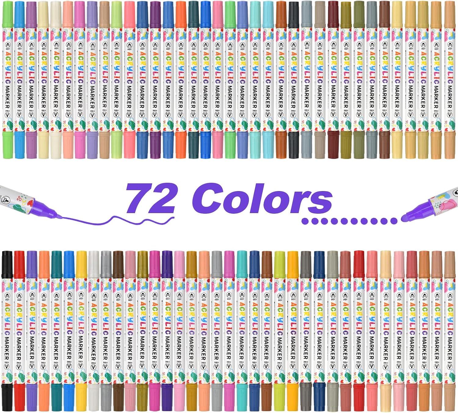 KEMYR 72 Colors Acrylic Paint Pens, Dual Tip Acrylic Paint Markers for Paper, Wood, Canvas, Stone, Rock Painting, Glass, Fabric, DIY, Ceramic, Art Supplies for Adults Drawing (Dot + Fine)