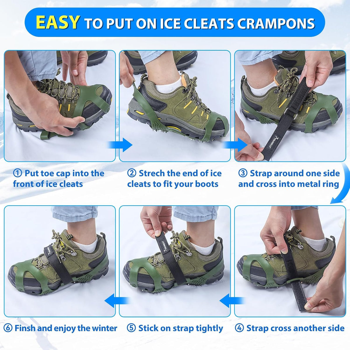 SYOURSELF Ice Cleats, Crampons Ice Cleats for Shoes and Boots Women Men Kids, Non Slip Grippers Spikes for Shoes with Straps, Ice Traction Cleats for Snow and Ice, Hiking, Walking, Fishing, Climbing